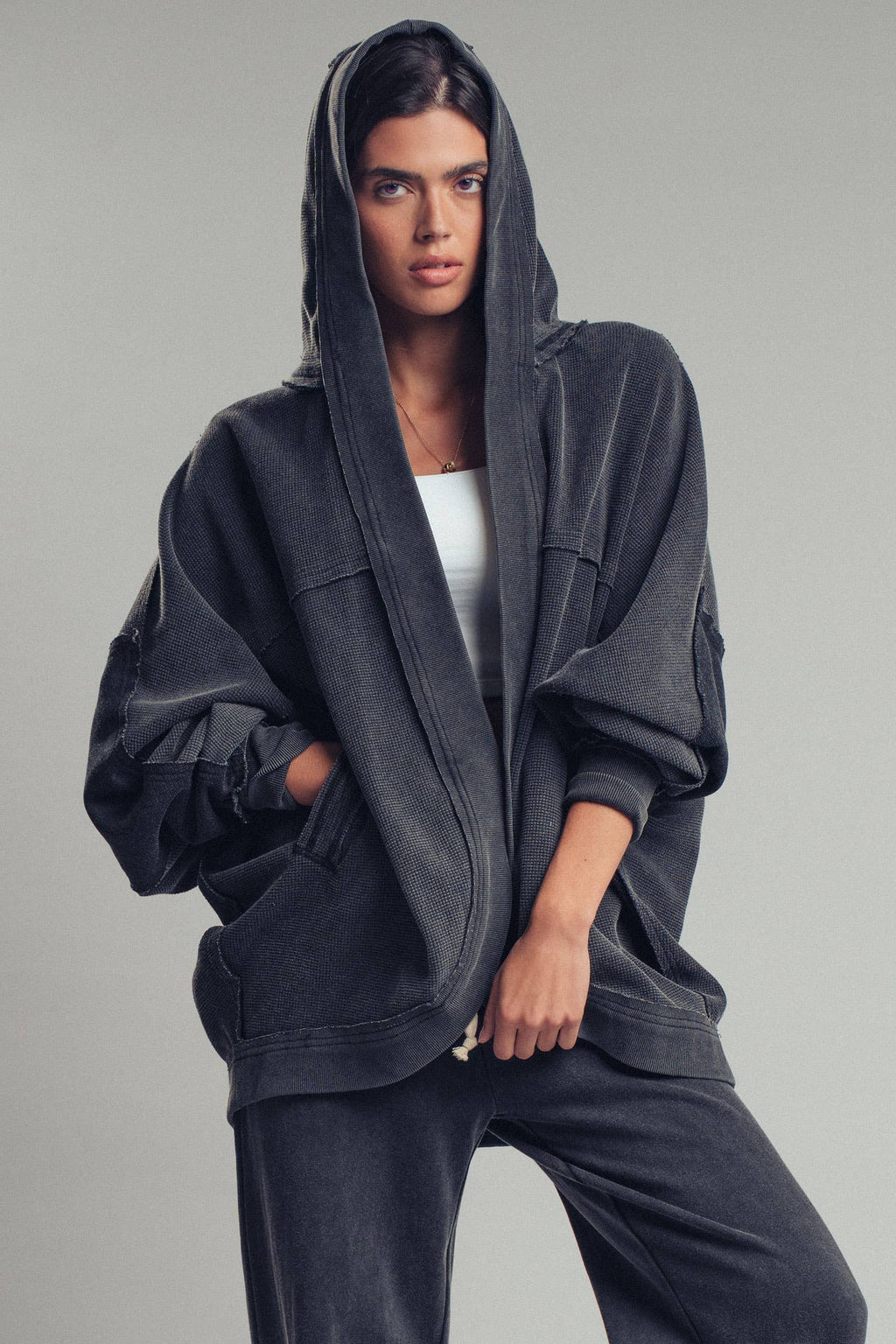 Washed Waffle Knit Hooded Cardigan