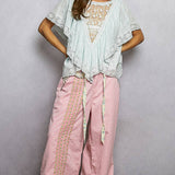 Lace Trim V Ruffle Detail Textured Woven Short Sleeve Top