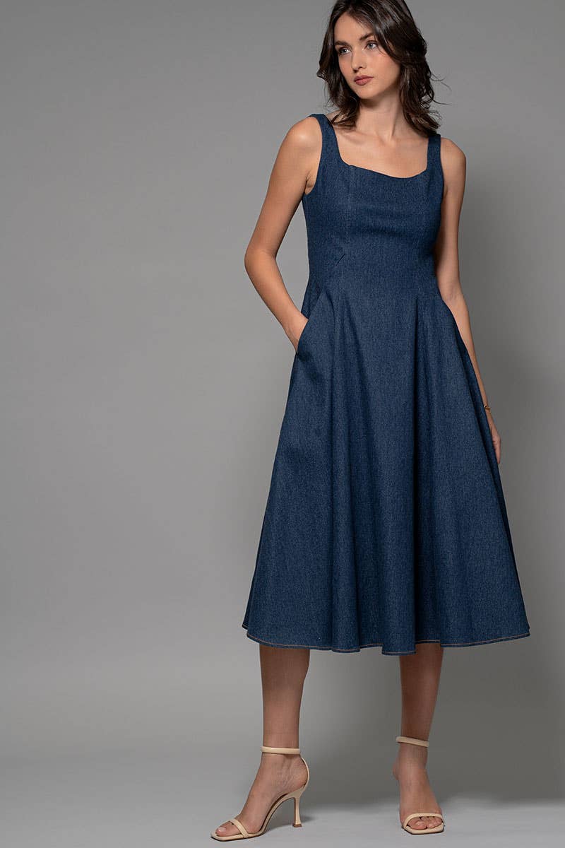 Square Neck Denim A-Line Midi Dress
