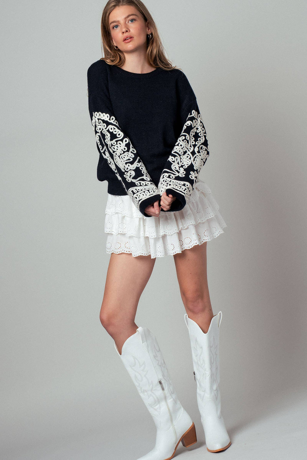 Embroidered Sleeve Ivory Knit Sweater