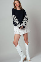 Embroidered Sleeve Ivory Knit Sweater