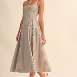 ID10390 STRIPED JUMBO BACK BUCKLE PIPING DETAIL MIDI DRESS