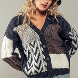 Patchwork Cable Knit V Neck Cardigan