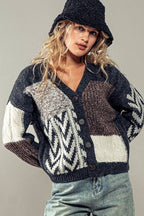 Patchwork Cable Knit V Neck Cardigan