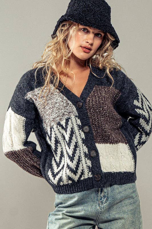 Patchwork Cable Knit V Neck Cardigan