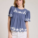 Embroidered Blouse With White Denim Shorts.