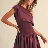 ID9559  OFF SHOULDER SMOCKED WAIST MINI DRESS