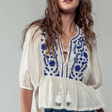 Blue & White Tassel Ruffled Blouse