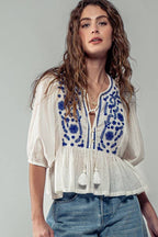 Blue & White Tassel Ruffled Blouse