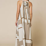 Geo Print Front Tie Keyhole Halter Maxi Dress