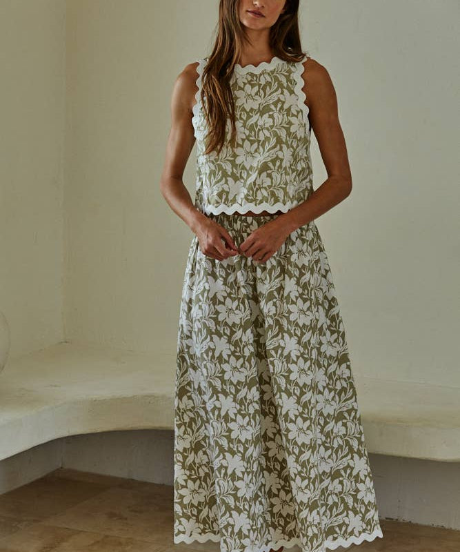 Woven Cotton Floral Print Flare Maxi Skirt