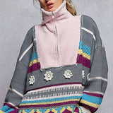 High Collar Half Zipper Ethnic Color Block Pullover Sweater