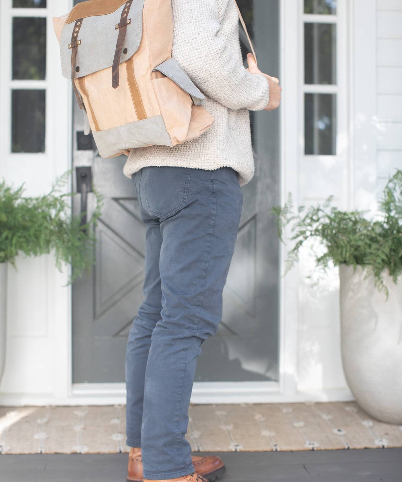 Canvas Backpack with Leather - Cream 12"x6"x16"