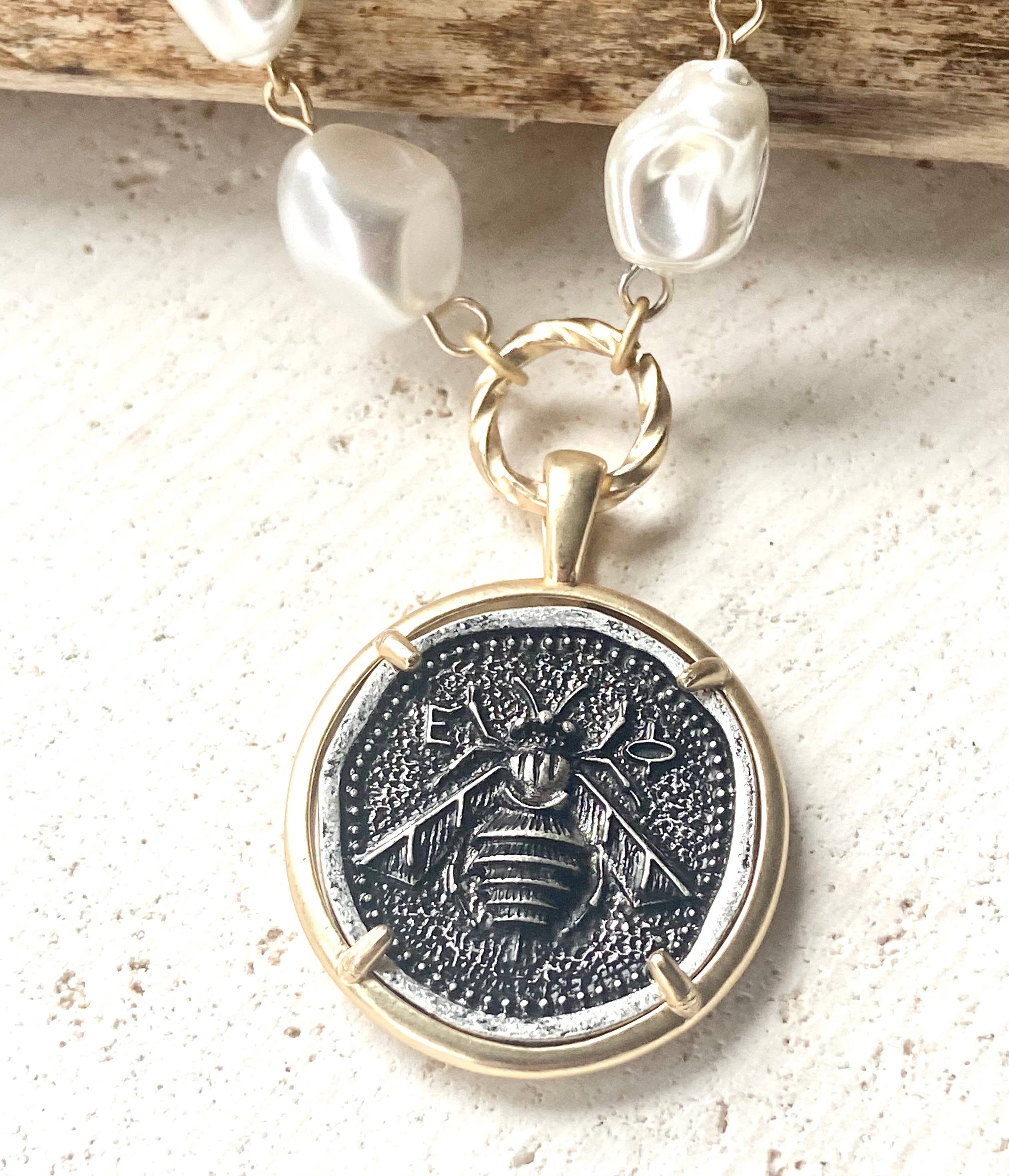 Vintage Bee Coin Necklace