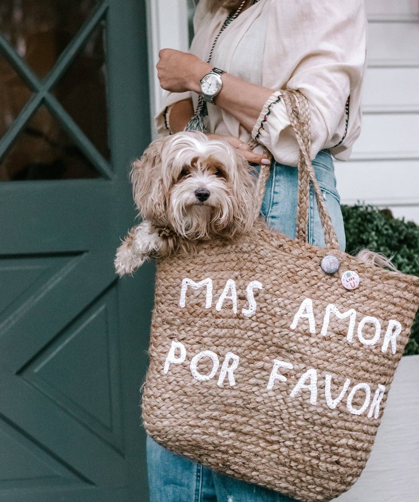 Large Mas Amor Por Favor Jute Tote Bag 21"x16"