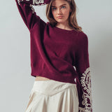 Embroidered Sleeve Ivory Knit Sweater