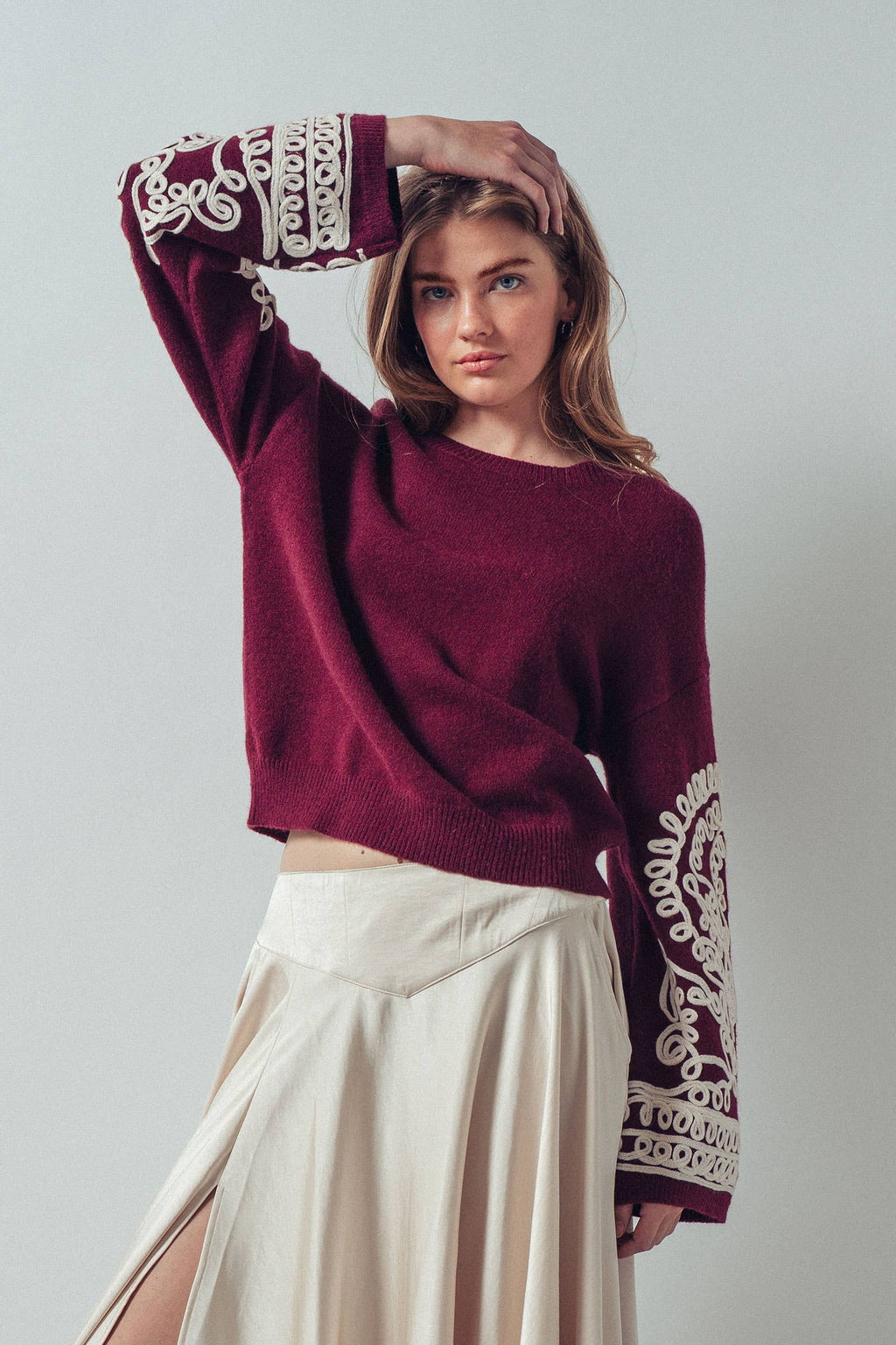 Embroidered Sleeve Ivory Knit Sweater