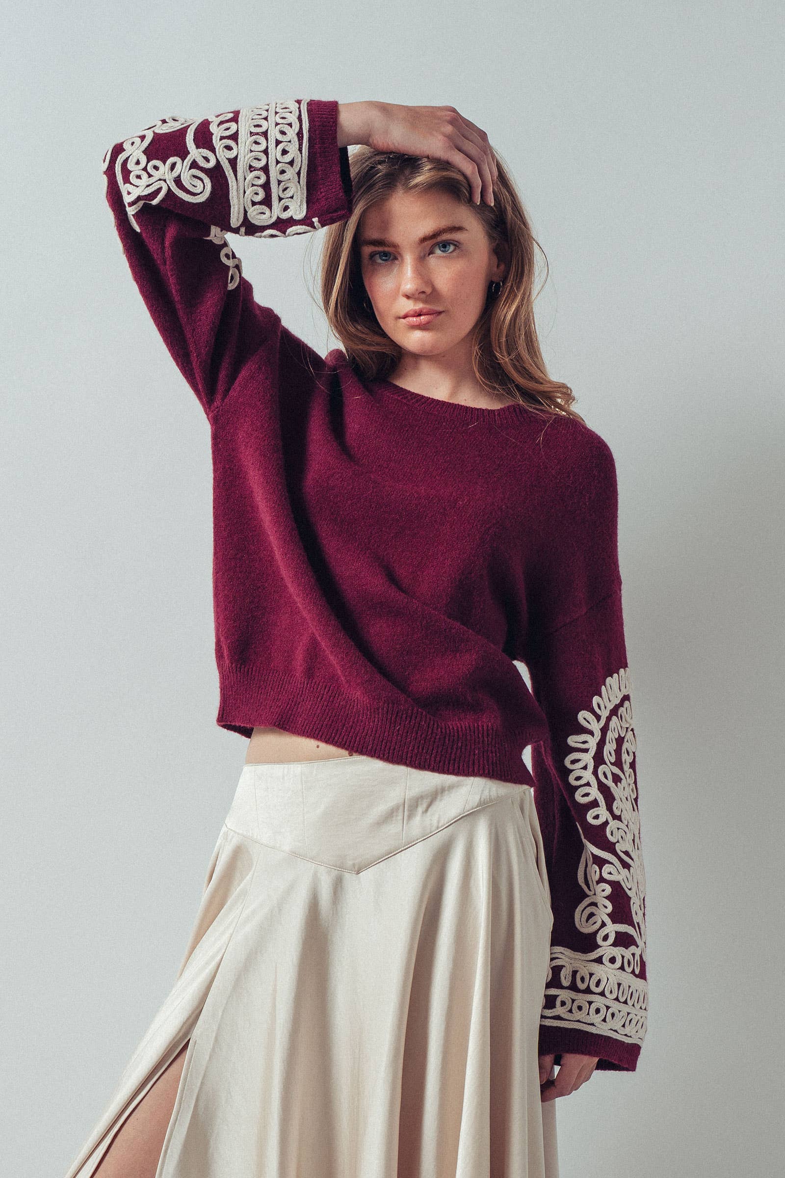 Embroidered Sleeve Ivory Knit Sweater
