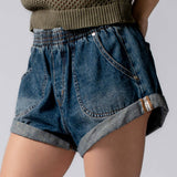 Spring Elastic Waist Cuffed Print Shorts