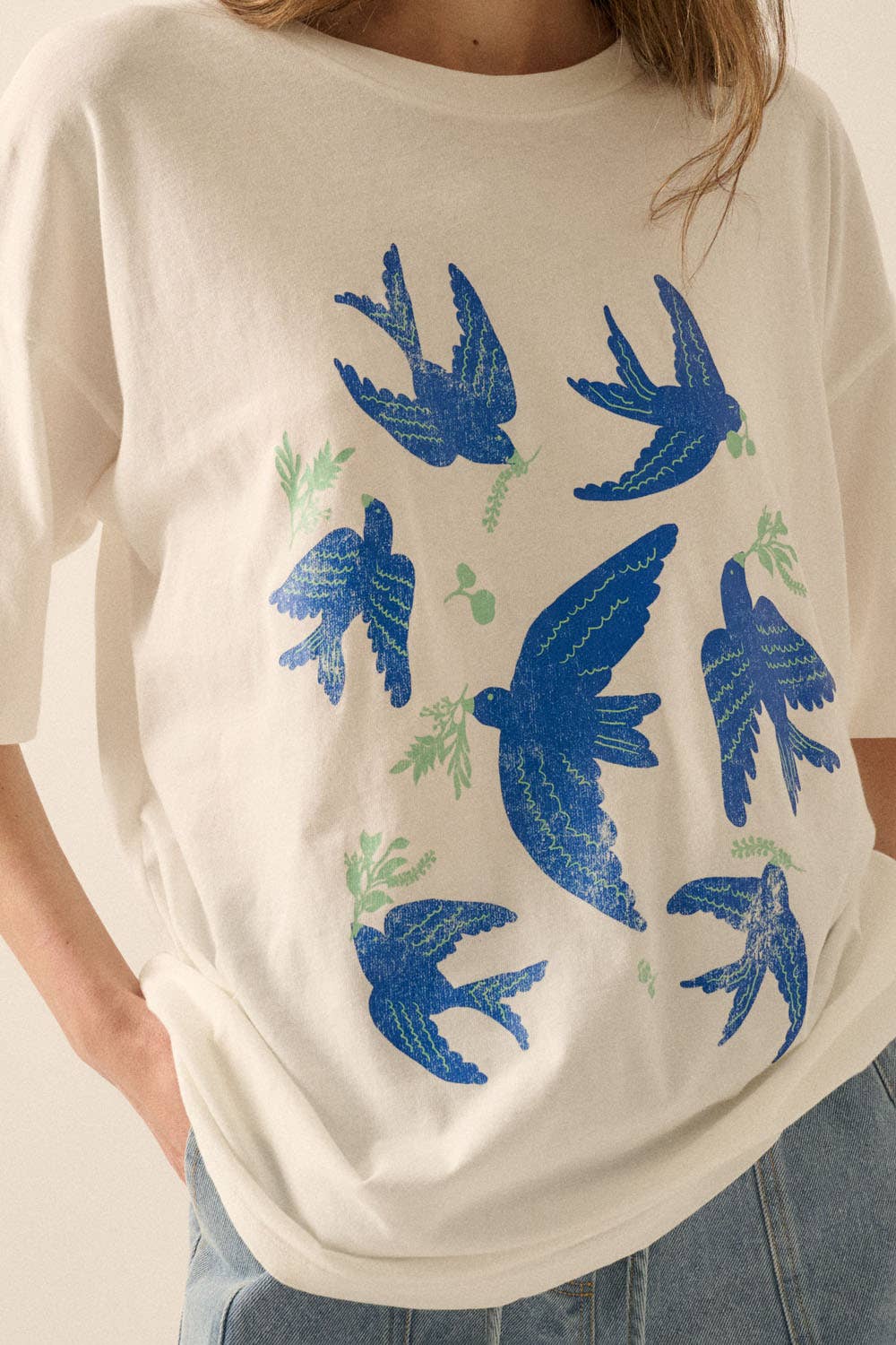 Vintage Blue Birds Oversized Graphic Tee