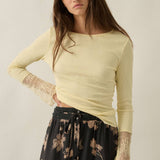 Solid Ribbed Knit Long-Sleeve Lace-Cuff Fitted Top