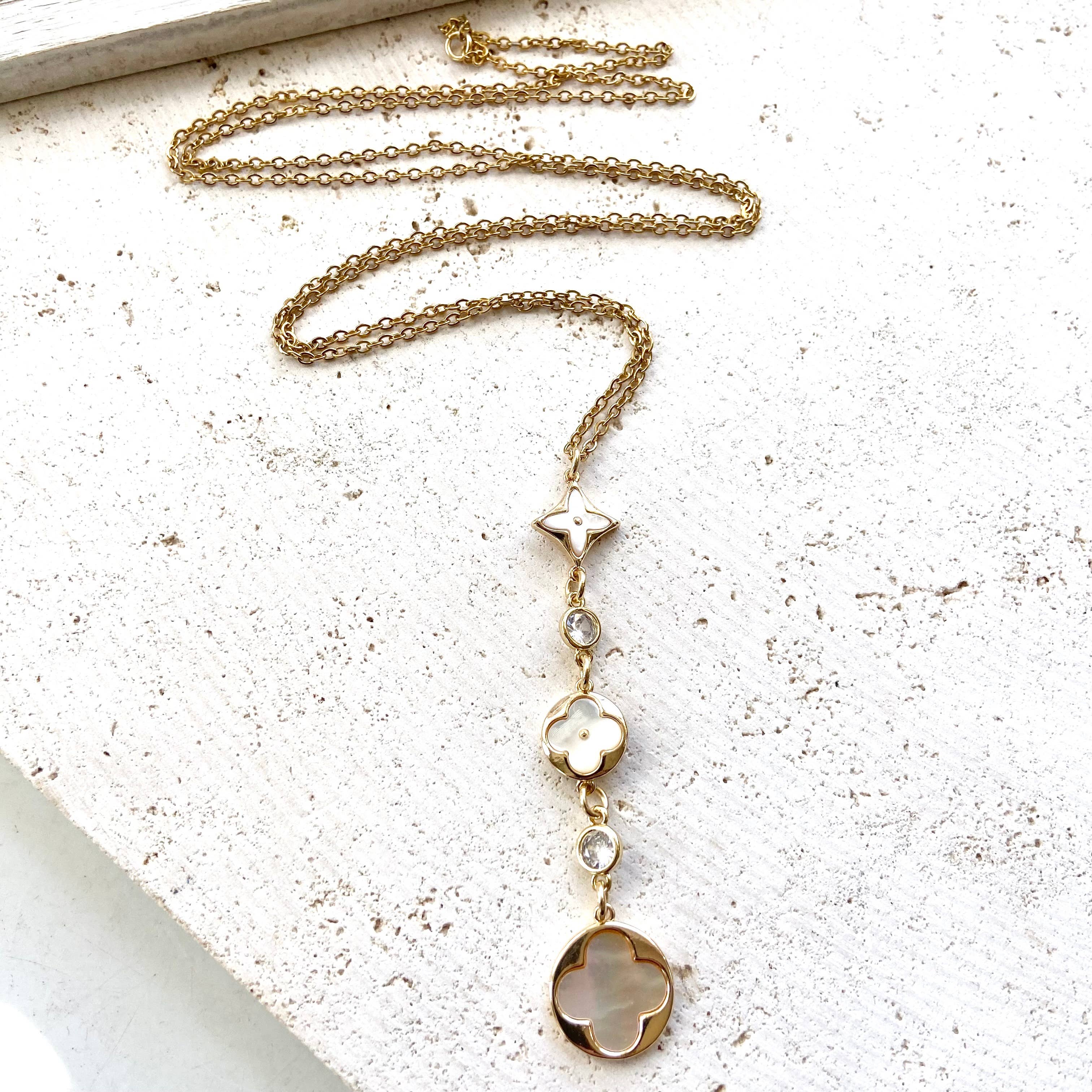 Gold Long Chain Clover & Pearl Necklace