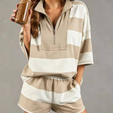 Colorblock Striped Half Zipper Top Shorts Athleisure Set