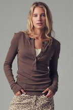 Ribbed Henley Long Sleeve Top