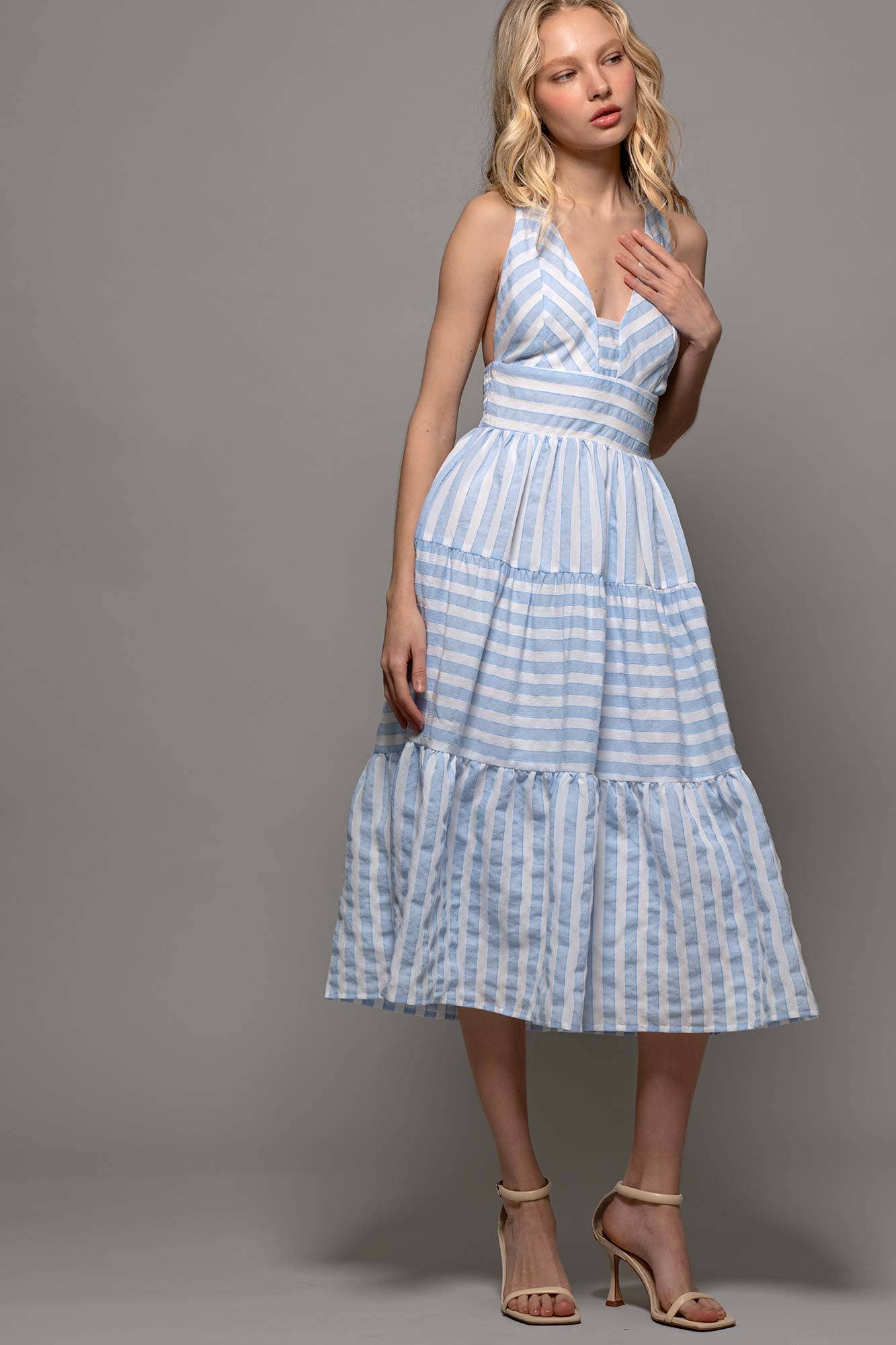 Textured Stripe Cross-Back Tiered Dress