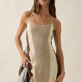 Colorblock Cotton Gauze Open-Back Halter Pocket Maxi Dress