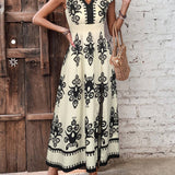 Floral Motif Ruffled Sleeve Slit Dress