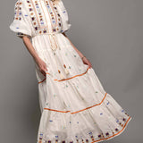 Embroidered Balloon Sleeve Midi Dress