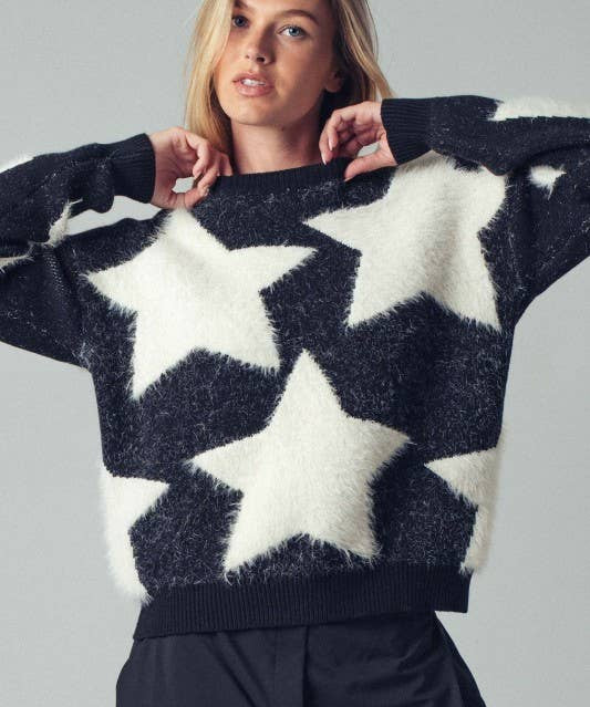 Fuzzy Knit Star Pattern Sweater Top