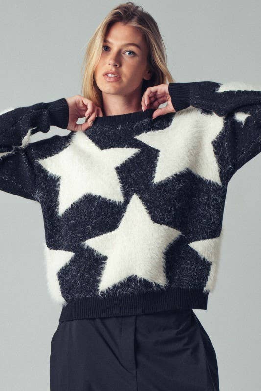 Fuzzy Knit Star Pattern Sweater Top