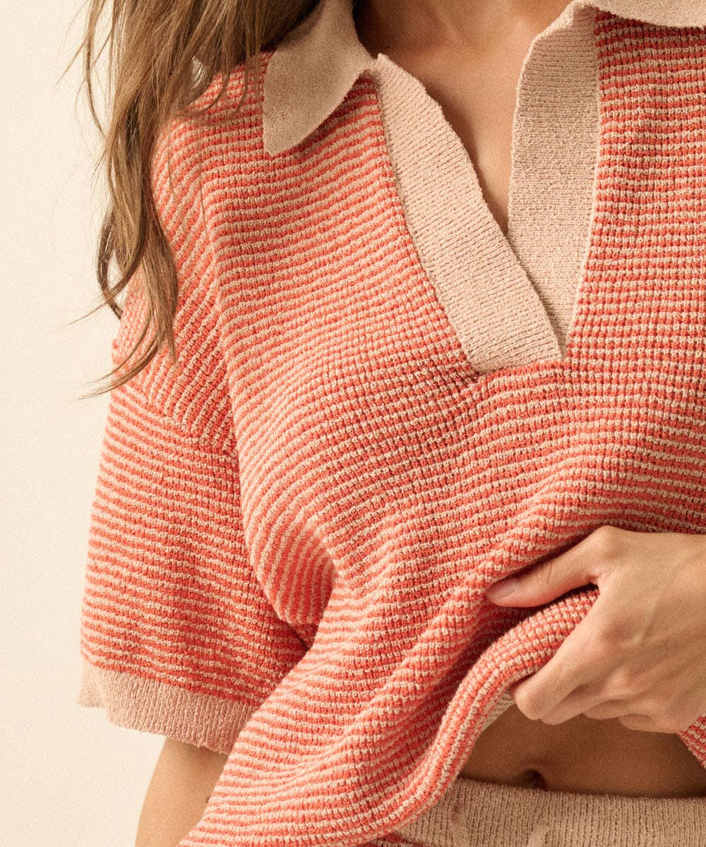 Striped Rib-Knit Collared Split-Neck Top