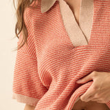 Striped Rib-Knit Collared Split-Neck Top