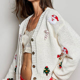 Holiday Applique Button Front Cropped Knit Cardigan Sweater