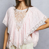 Lace Trim V Ruffle Detail Textured Woven Short Sleeve Top