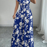 Smocked Waist Cap Sleeve Floral Print Maxi Dress