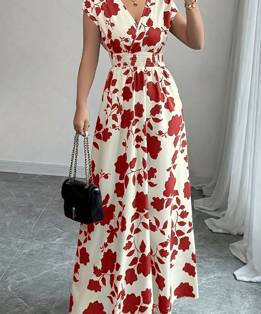 Smocked Waist Cap Sleeve Floral Print Maxi Dress