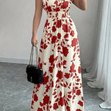 Smocked Waist Cap Sleeve Floral Print Maxi Dress