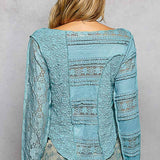 Long Sleeve Round Neck Lace Texture Knit Slim Fit Top