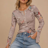 Multi Print Long Sleeve Mesh Henley Top