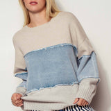 Colorblock Denim Patchwork Knit Sweater