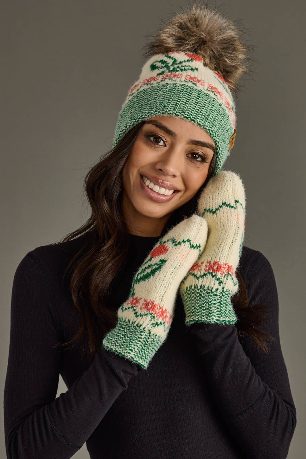 Ivory Cherry Pattern Pom Hat