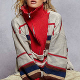 High Collar Half Zipper Ethnic Color Block Pullover Sweater