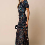 Printed Asymmetrical Mesh Ruched Maxi Dress