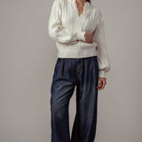 Pleated Wide-Leg Denim Pants