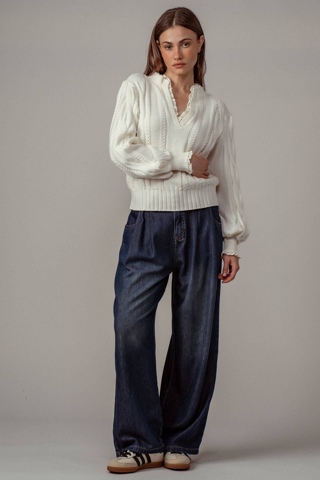 Pleated Wide-Leg Denim Pants