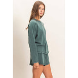 Mineral Wash Long Sleeve Raw Edge Top & Shorts Set